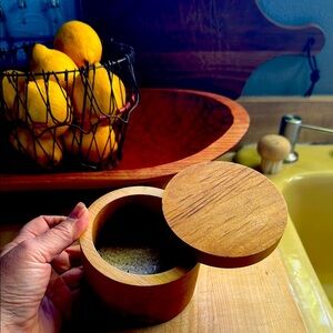 Wood salt holder w swing lid Essential kitchen. Inside has Herbs de Provence Sal